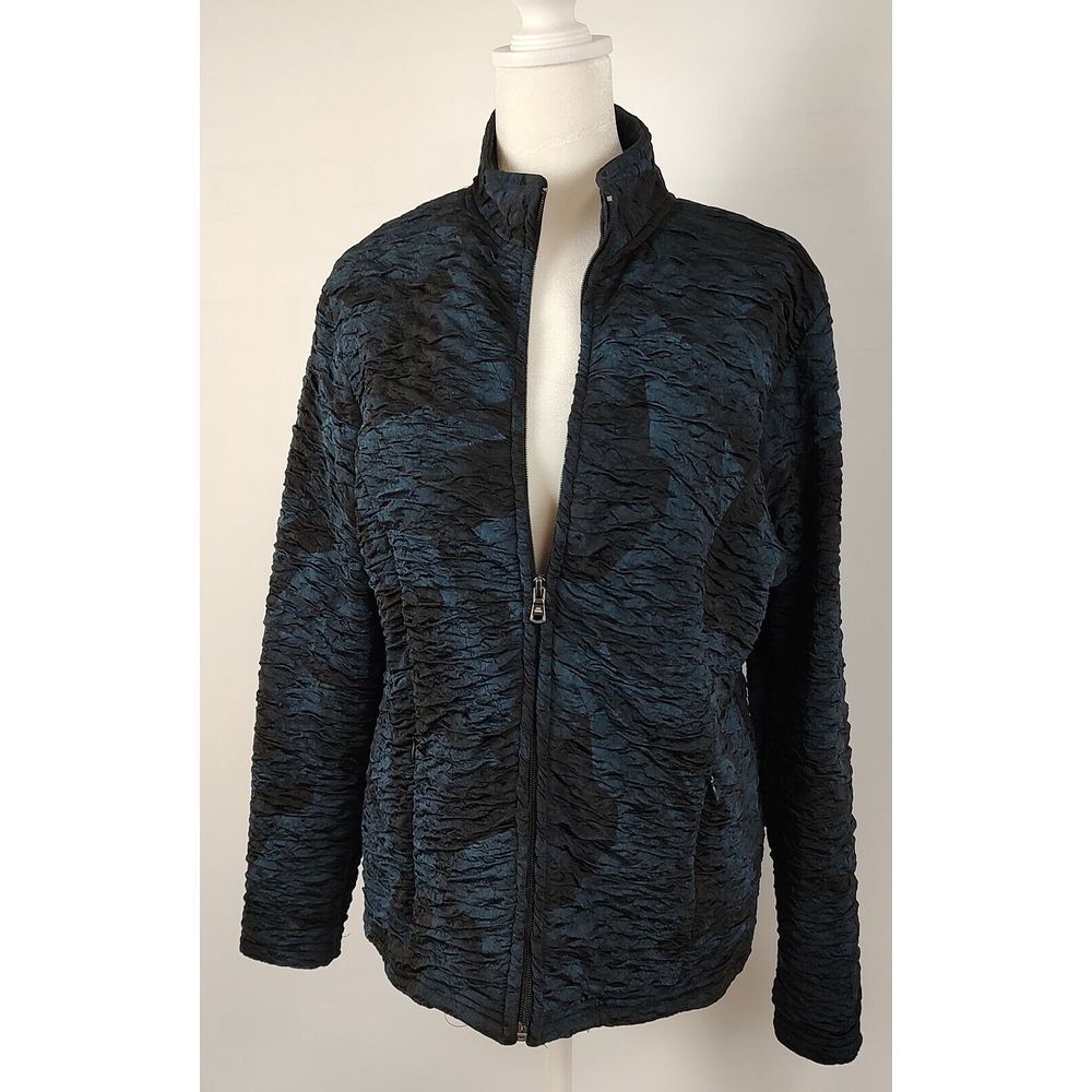 Erin London Womens Medium Blue Black Crinkle Texture Full Zip Mock Neck Jacket